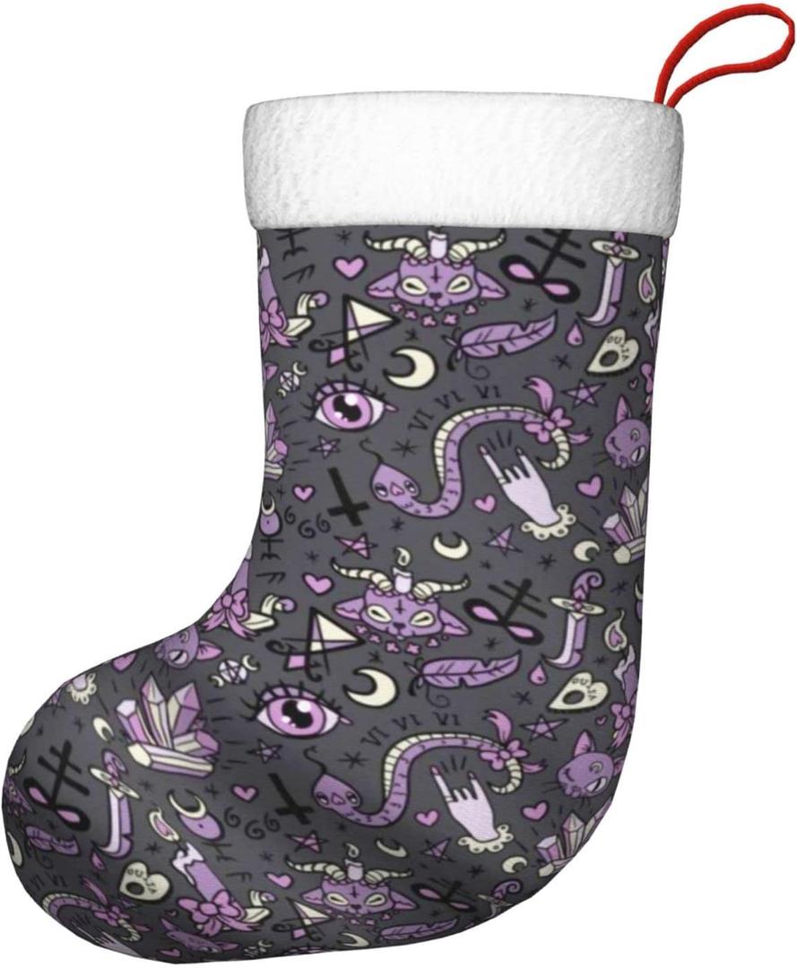 Purple Black Goth Spooky Pattern Christmas Stocking, 17.7'' Long, Plush Christmas Stocking Lovely Home Holiday Mantel Ornament Decor, One Size