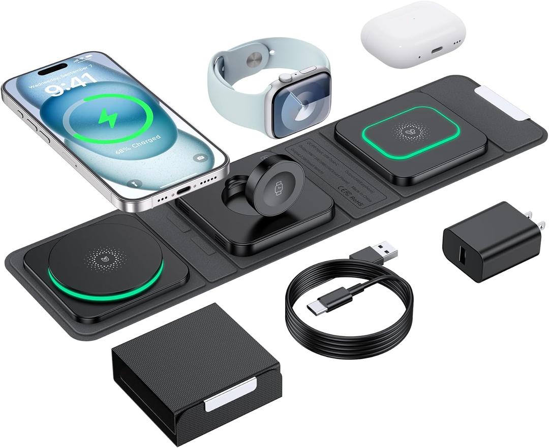 Wireless Charger for iPhone - 3 in 1 Charging Station for Apple Multiple Devices, Foldable Magnetic Mag-Safe Travel Charging Pad for iPhone 16 15 14 13 12 Pro Max Plus iwatch Watch & Airpods (Black)
