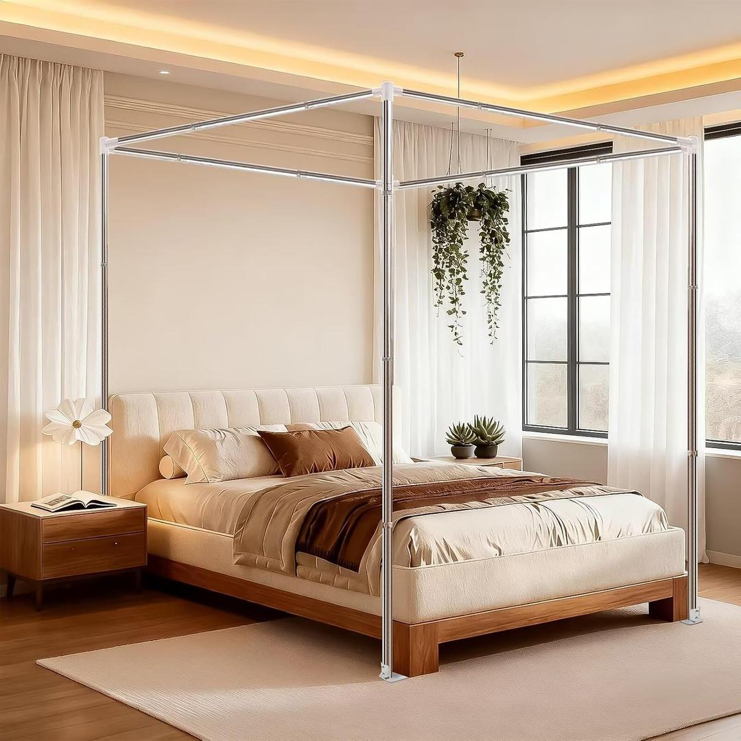 Canopy Bed Frame King Size, Thicken Stainless Steel Canopy Bed Frame, Bed Post Poles for Mosquito Curtains, Bedroom Decor