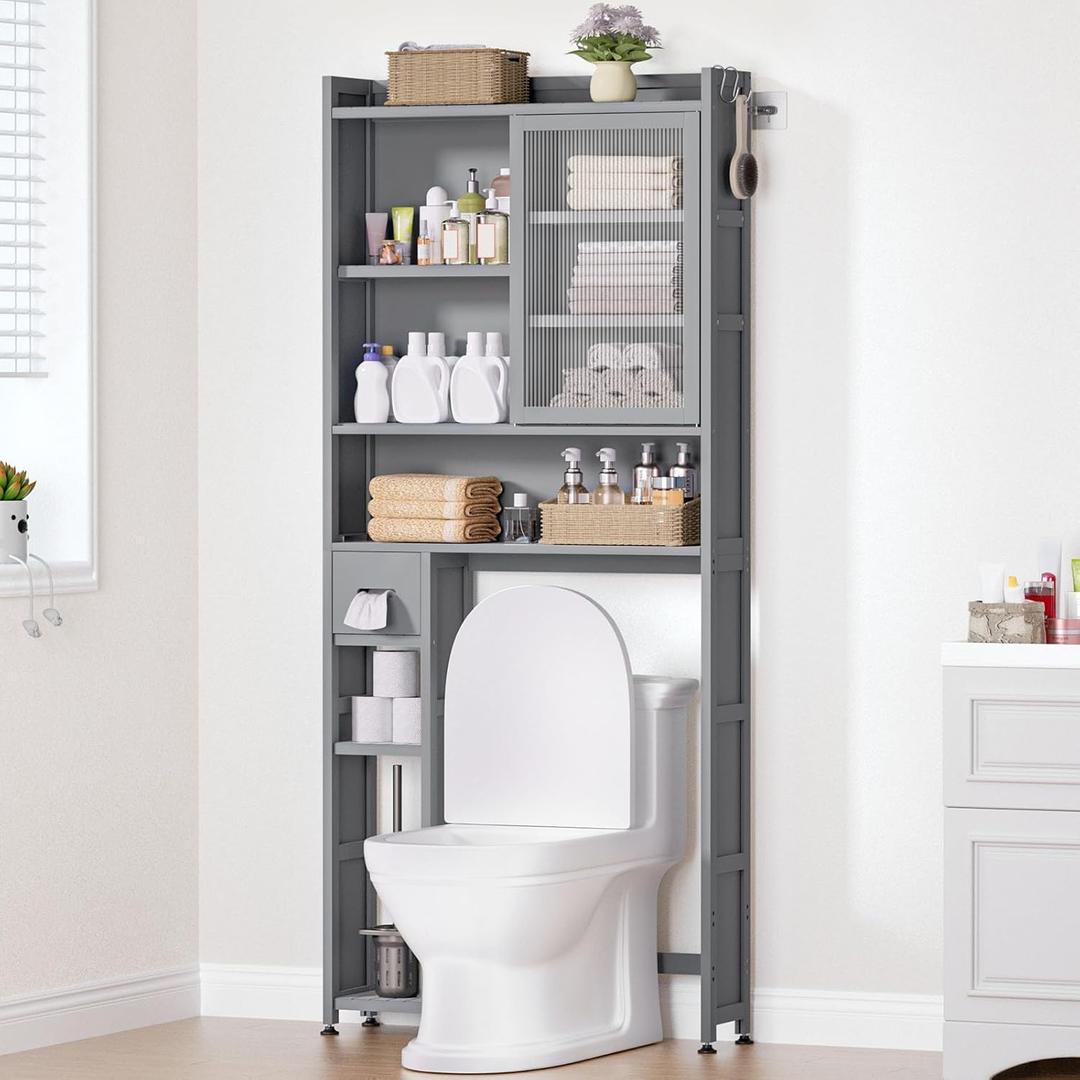 Over The Toilet Storage Cabinet with Acrylic Door Panel and Paper Towel Drawer, Bamboo Space Saver Shelf, Bathroom Organizer Rack Above WC (Without Power Strip, Grey)