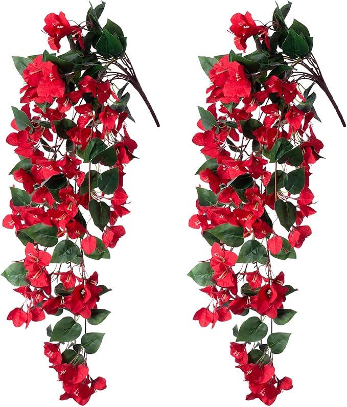 Ivydale 2PCS Artificial Bougainvillea Hanging Flowers Faux Plants for Outdoor Outside Summer Decoration, Fake Silk UV Resistant Realistic Long Trailing Vines for Home Porch Patio Balcony Yard, Red