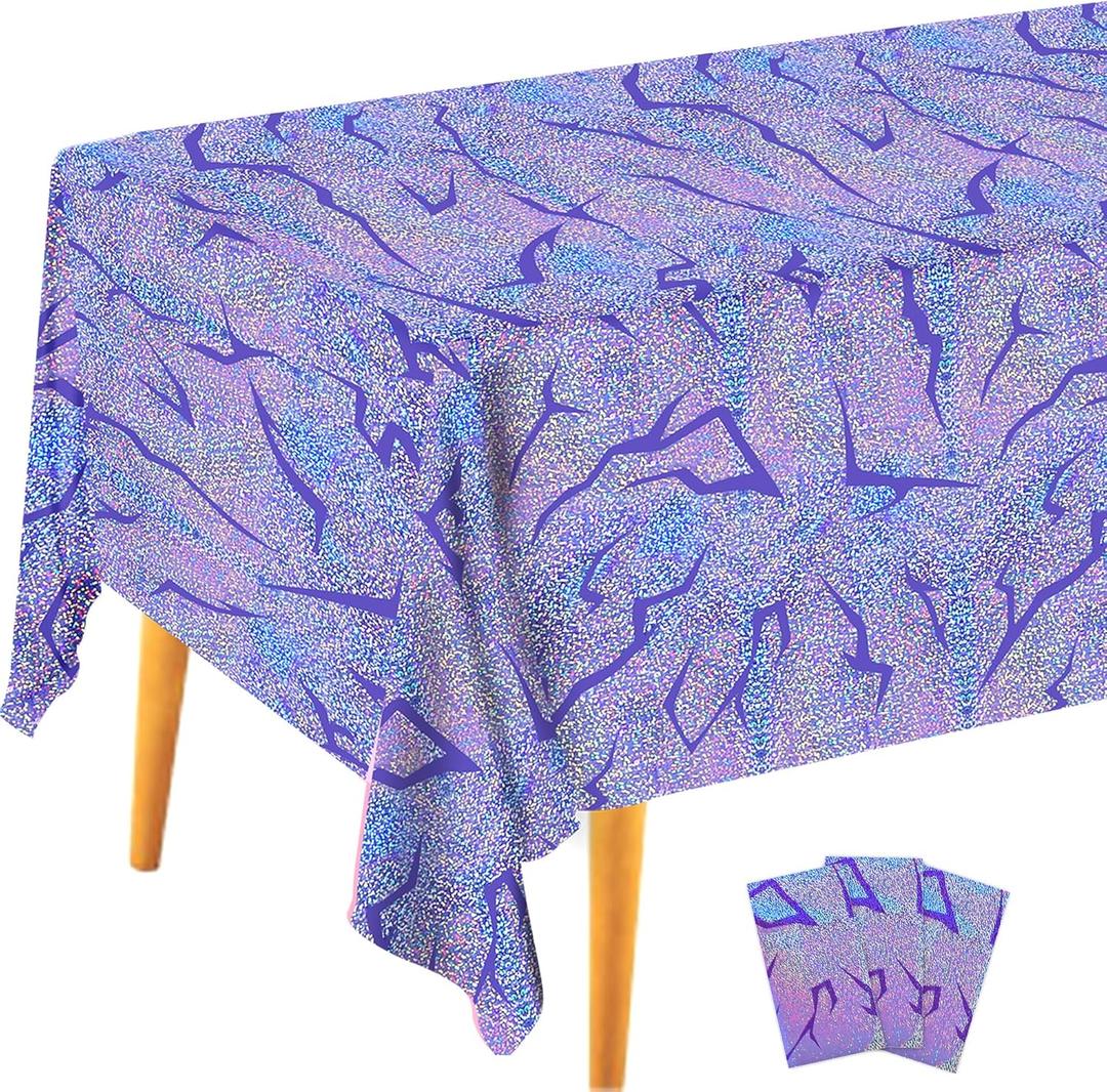 3PCS Demon Hunters Birthday Tablecloth Decorations, Purple Demon Energy Pattern Grad 9FT Tablecover Sparkling Holographic Laser Korean Idol Movie Decor for KidsParty Birthday Graduation Bachelor