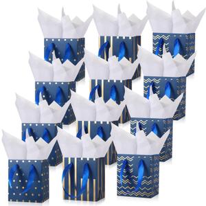 Tenare 12 Pcs Small Gift Bags Mini Metallic Paper Bag Bulk Tiny with Handle Tissue Paper for Gift Wrap Father's Day Birthday Grad Graduation Party(7 x 4 x 9 Inch,Navy Blue Gold)