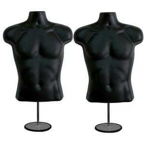 DisplayTown Male Mannequin Torso with Metal Stand Hollow Back Body Stackable Dress Form for Tshirt Display, Countertop, Craft Shows, Photos and Design, S-M Clothing Size (Black, Set of 2)