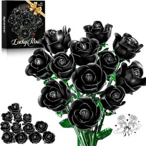 Black Rose Bouquet Building Set for Girls & Boys - 12 Pack Botanical Collection Gift for Easter Basket Artificial Flowers Botanical Collection Centerpiece Retro Decor