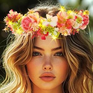 DRESBE Light Up Flower Crown Headband LED Fairy Floral Hair Accessories for Women (Rose)