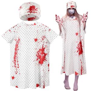 Vabean 1 Pack Unisex Hospital Gown and 1 Pack Gauze Bandage Roll, Patient Gowns Bloody Costumes for Halloween Cosplay Party Men Women Costume, Back Tie, One Size
