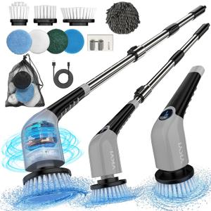 YKYI Electric Spin Scrubber,Cordless Electric Cleaning Brush,Power Scrubber with 8 Replaceable Brush Heads,3 Adjustable Speeds,Voice Broadcast,Shower Scrubber with Long Handle for Bathtub Tile Floor (Gray)