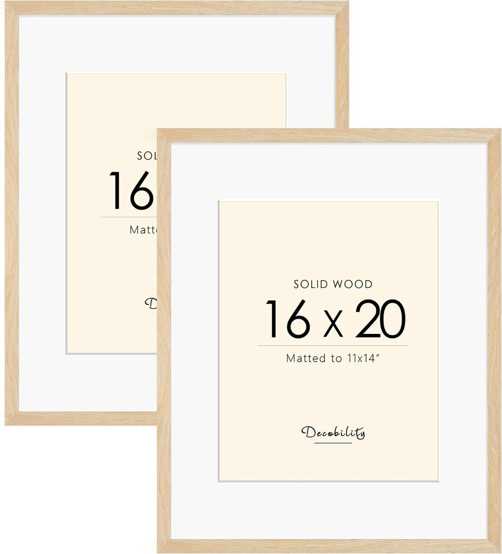 16x20 Solid Wood Picture Frame, Natural Wood Poster Frame with Paper Mat, Display Picture 11x14 with Mat, 16x20 without mat, Set of 2 Oak wood grain Picture Frame