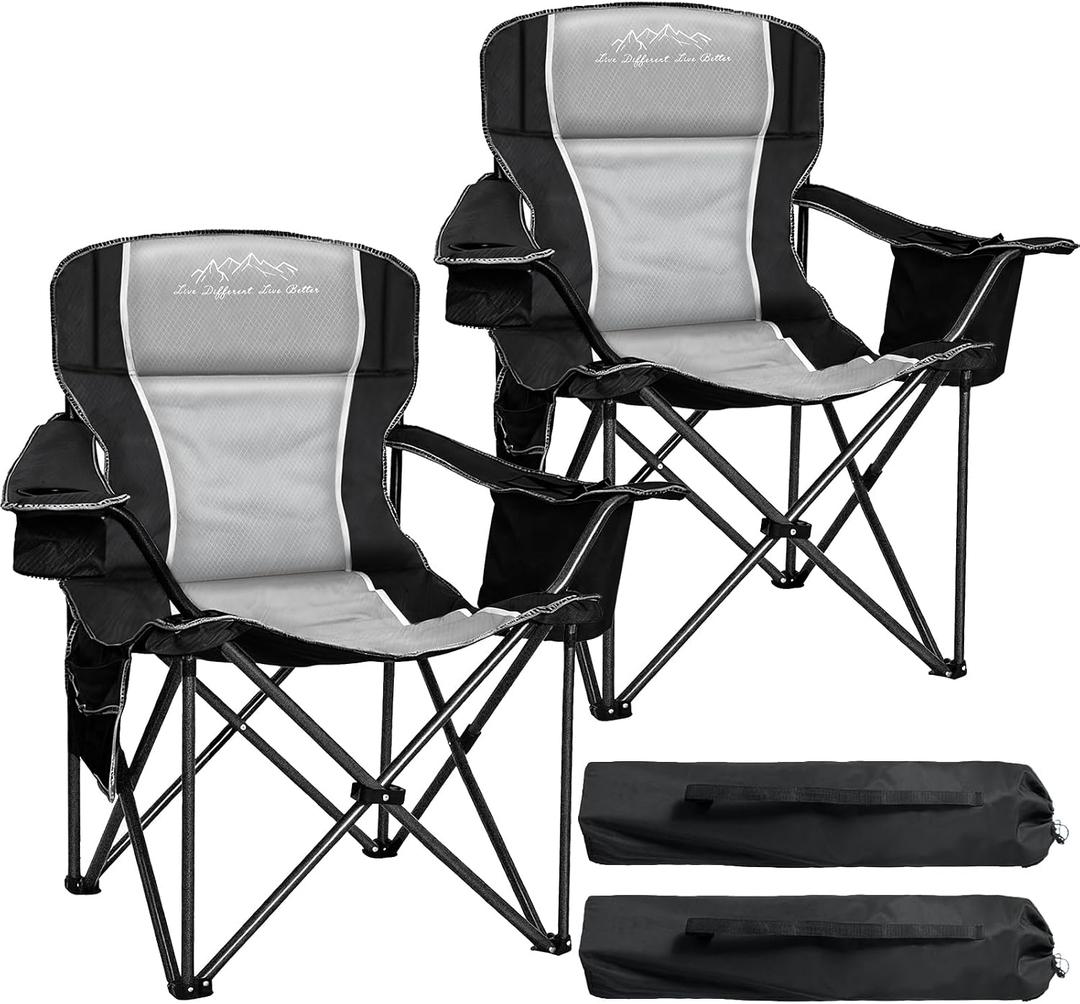 SAILARY Camping Chairs for Adults Heavy Duty 500lbs Capacity, High Back Folding Chair with Thickened Steel Frame, Padded Portable Outside Chair with Cooler Bag, Cup Holder & Side Pocket, Black, 2 Pack