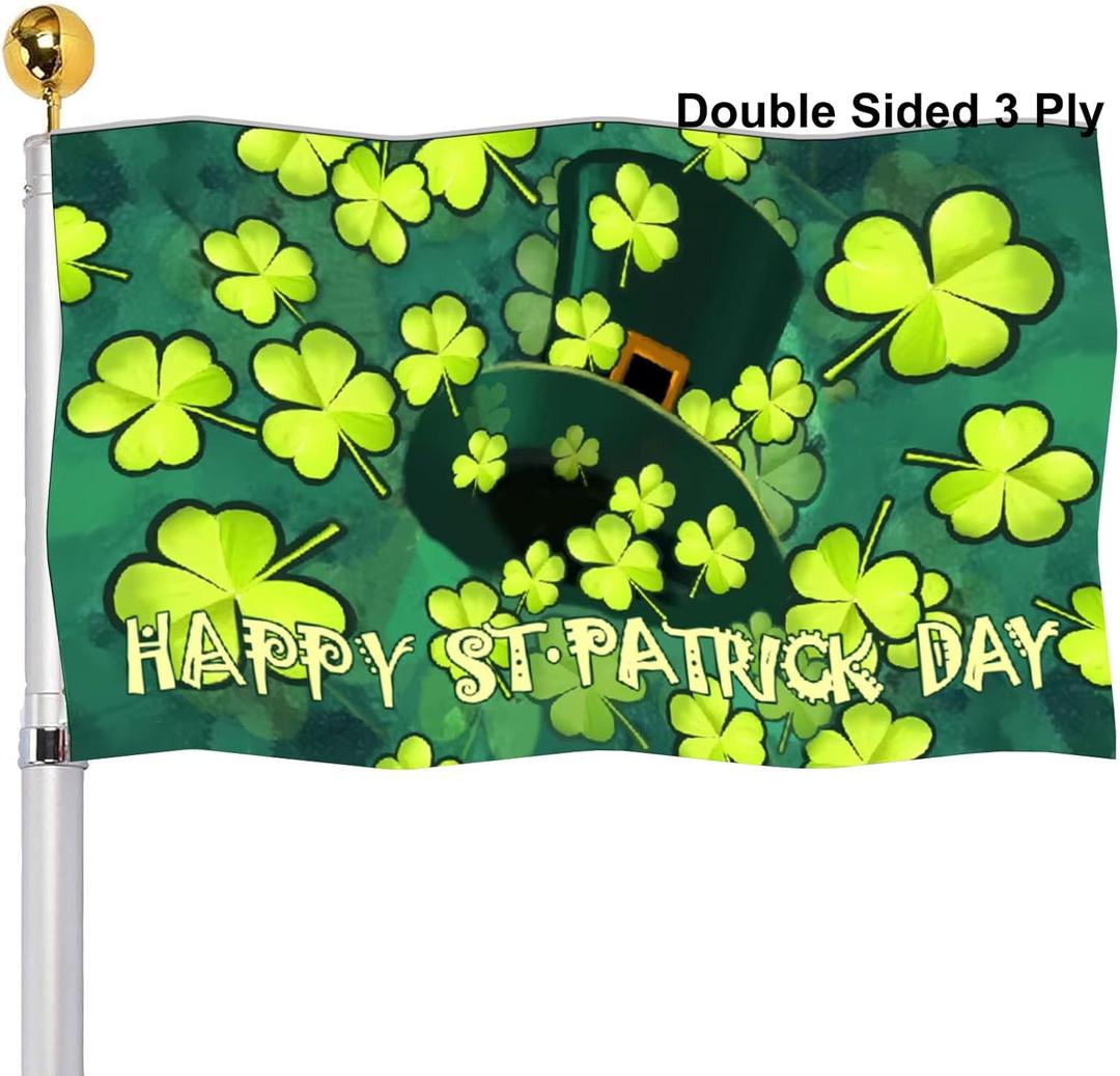 2 x Happy St Patricks Day Hat Clover Shamrock Flags 3x5 Outdoor Double Sided- Lucky Flag 3 Ply Heavy Duty with Brass Grommets for Holiday Outdoor Outside