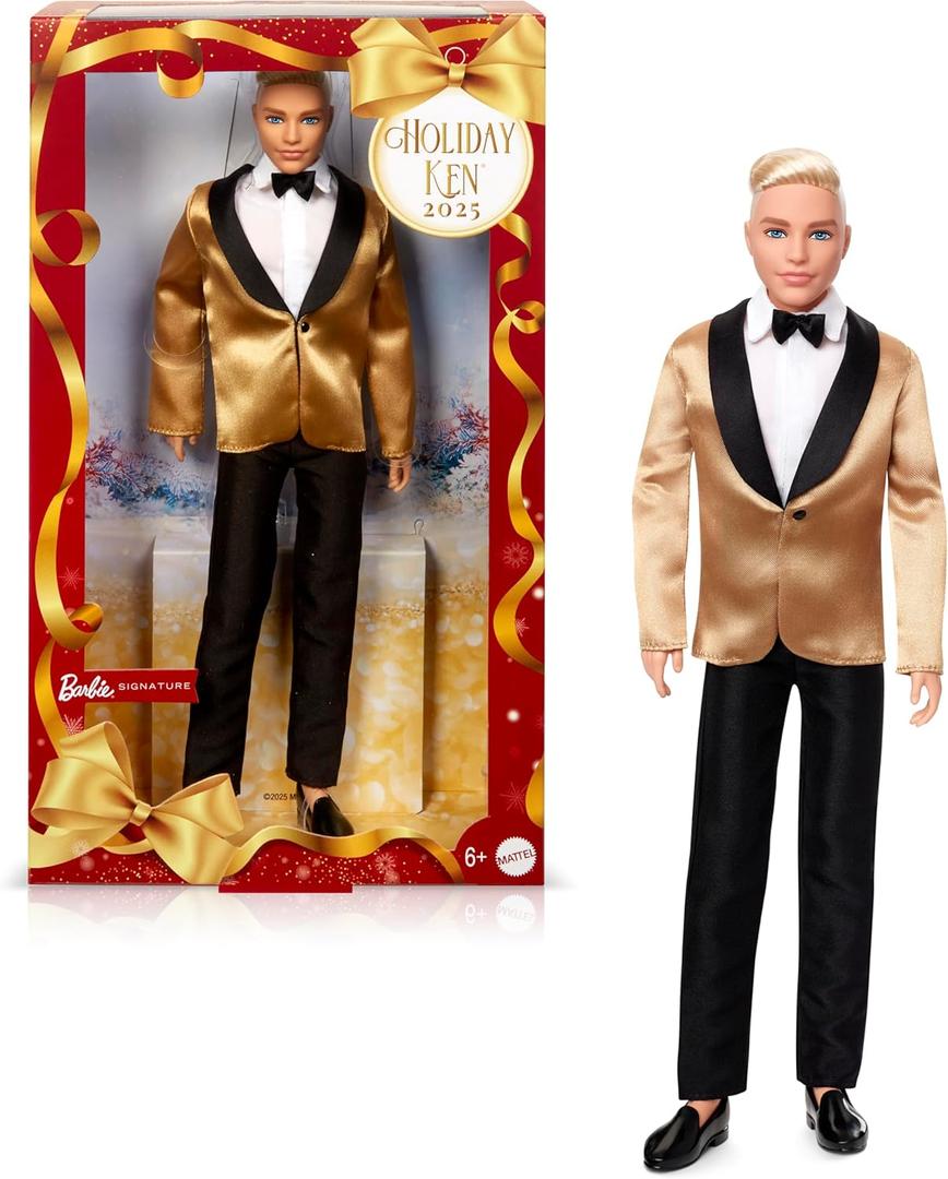 Barbie Signature 2025 Holiday Blonde Ken Collectible Fashion Doll Wearing Full Suit with Golden Jacket in Displayable Packaging & Doll Stand (Multicolor)