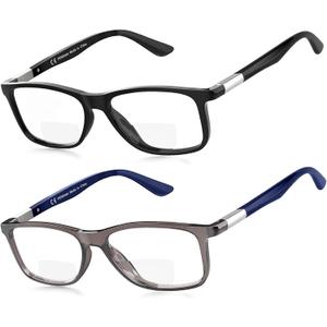 Missfive 2 Pack Classic Bifocal Reading Glasses for Men Women, Premium Metal Spring Hinge Lightweight Frame Readers, Anti Blue/UV Protection Near-Far Dual-Use Eyewear 1.25x