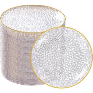 Rubtlamp 100 Pack Clear Gold Plastic Dessert Plates, 6Inch Clear Gold Small Appetizer Plates With Hammered, Heavy Duty Disposable Salad Plate, Elegant Cake Platos for Wedding, Birthday, Teatime