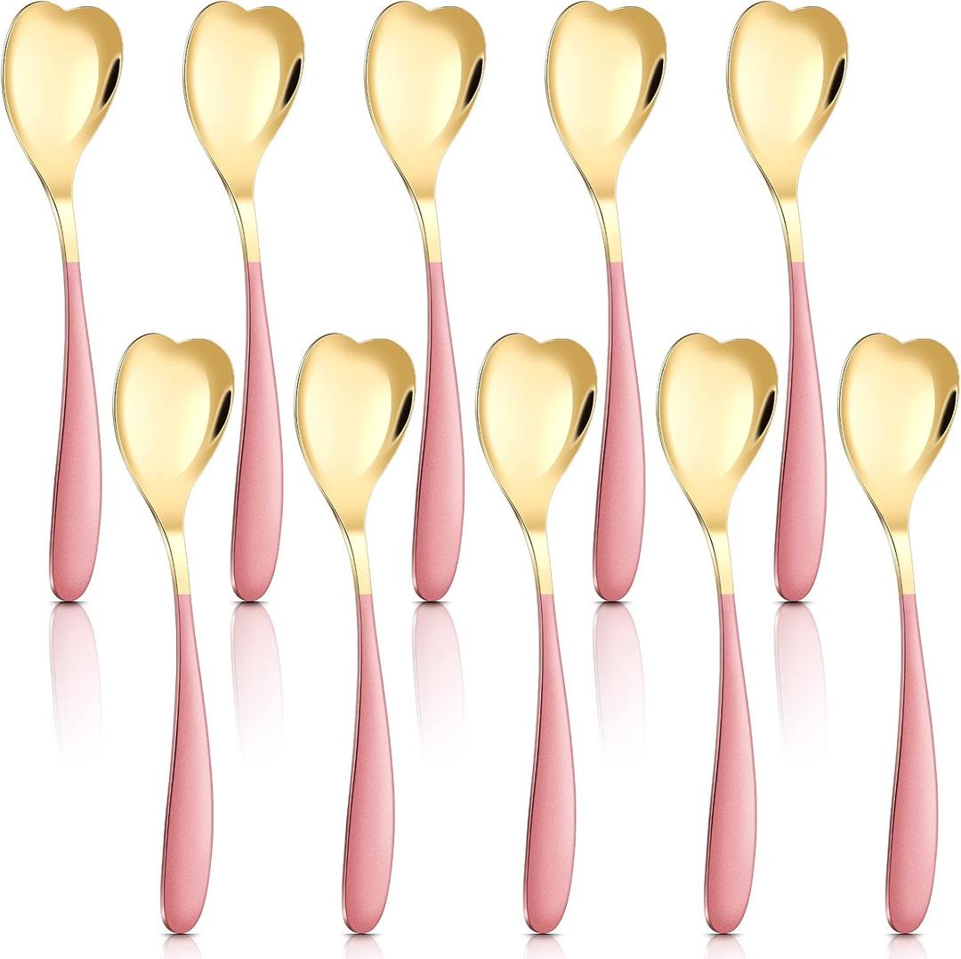 10 Pcs Dessert Spoons Valentine's Day Pink Heart Shaped Spoons Stainless Steel Coffee Spoons Tea Spoons Cute Bar Stirring Spoon with Pink Handle for Ice Cream Sugar Milkshake, 7 Inch