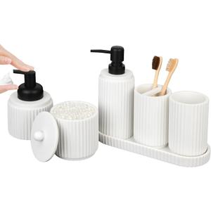 White Bathroom Accessory Set - 6 Pcs: Toothbrush Holder, Lotion & Foaming Soap Dispensers, Qtip Holder, Vanity Tray, Bathroom Tumbler, Countertop Organizer
