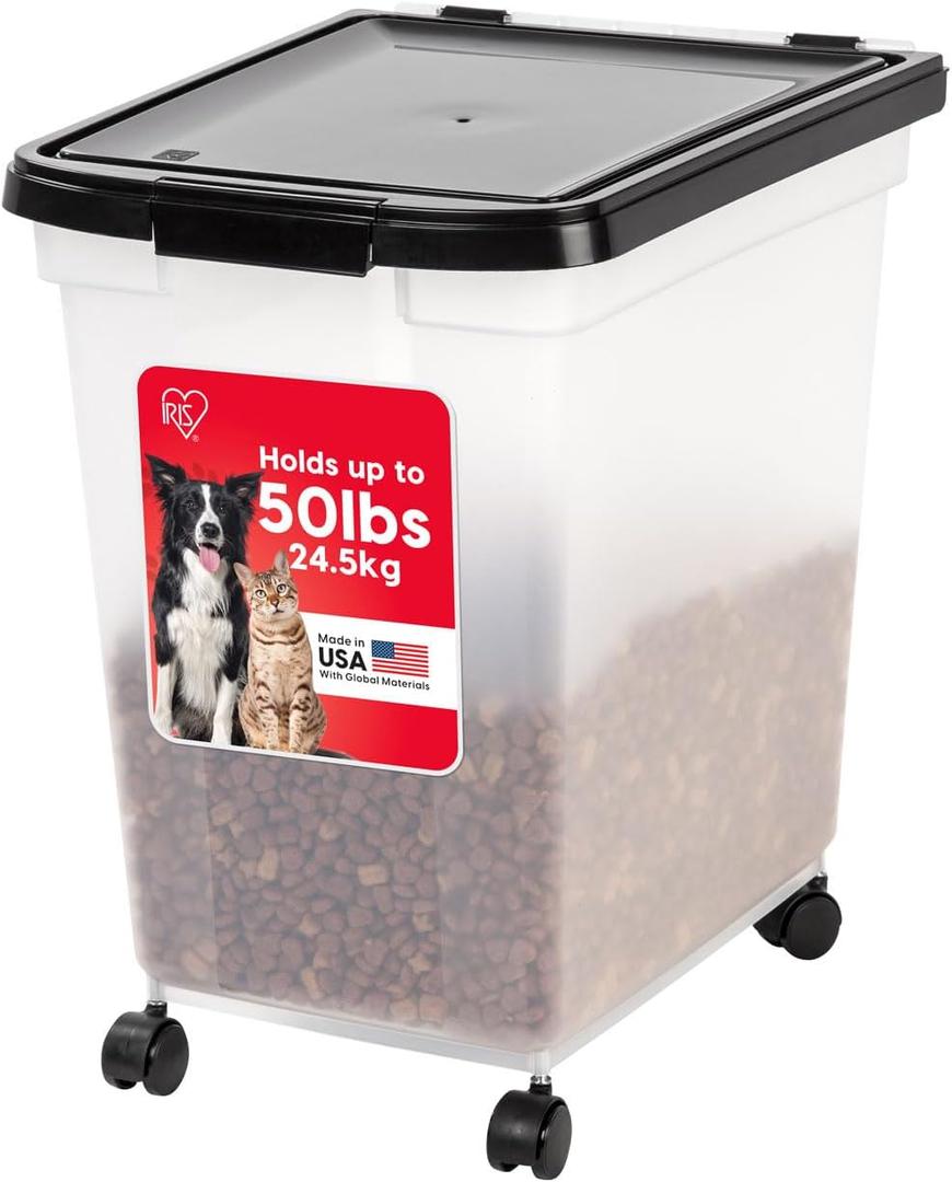 IRIS USA Airtight Dog Food Storage Container, WeatherPro, Up to 50 lbs, Removable Wheels, for Dog Cat Bird and Other Pet Food Storage Bin, Keep Fresh, Translucent Body, Made in USA, Clear/Black