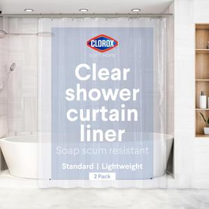 Clorox Shower Curtain Liner, Premium Lightweight Durable Waterproof 4g PEVA for Bathroom with Weighted Magnets, Standard Size 70" x 72", Clear 2 Pack