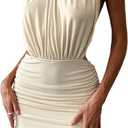 SweatyRocks Women's Backless Halter Cocktail Dress Sleeveless Ruched Bodycon Mini Dress Party Clubwear (Apricot)