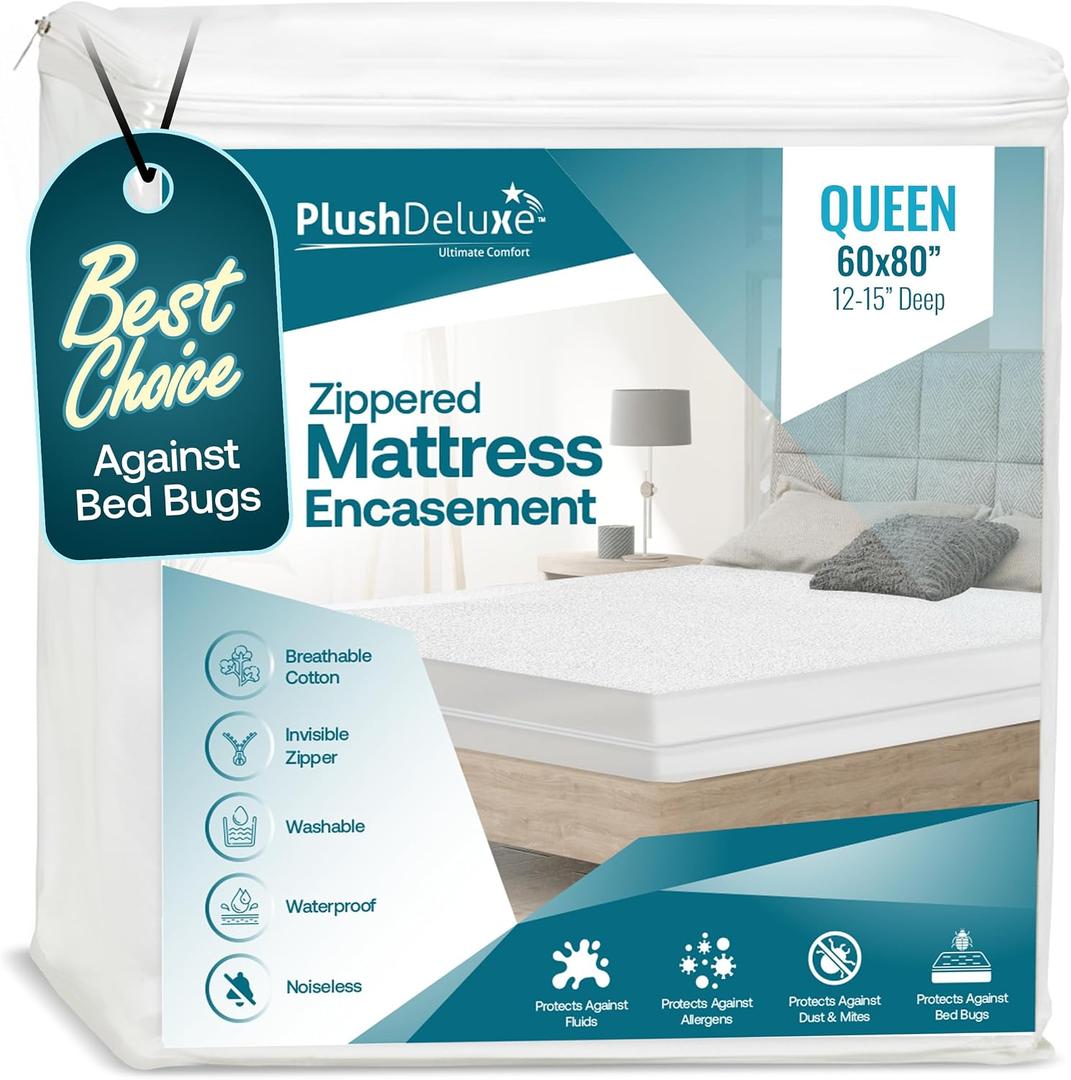PlushDeluxe Premium 100% Waterproof Mattress Encasement, Breathable Soft Cotton Terry Surface (12"-15" Deep, Queen 60X80)