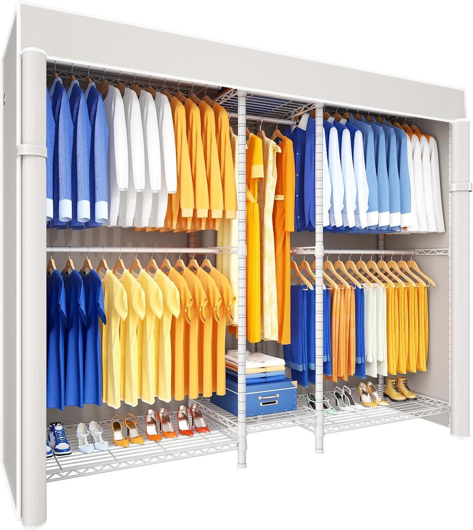 Ulif E12C Heavy Duty Closet Organizer SystemFreestanding Clothing Racks for Hanging ClothesAdjustable Garment Rack 71" W x 16" D x 76.5" H Hold 960 lbsWhite Clothing Rack with White Dustproof Cover