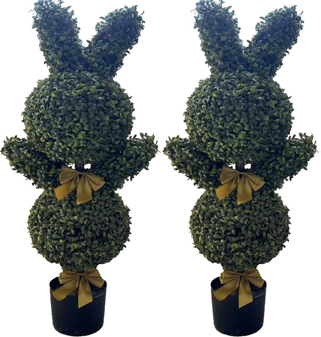 36'' Artificial Bunny-Shaped Topiary Double Ball Tree Pot UV-Resistant Bowknot Easter Decor Faux Boxwood Topiaries Plant for Porch Decor Outdoor/Indoor 2 Pack