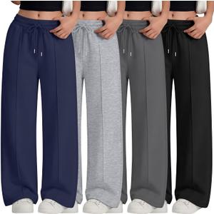 4 Pack Girls Sweatpants Teen Girls Baggy Wide Leg Pants Drawstring Joggers Athletic Trousers with Pockets 13-14Y