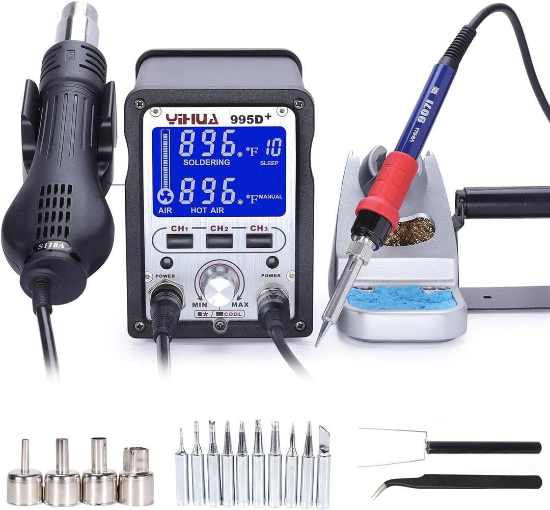 YIHUA 995D+ 2 in 1 Hot Air Rework and Soldering Iron Station with 3 Memories, Large LCD Screen Display, Cool/Hot Air Conversion, Sleep Mode, F /C (Silver)