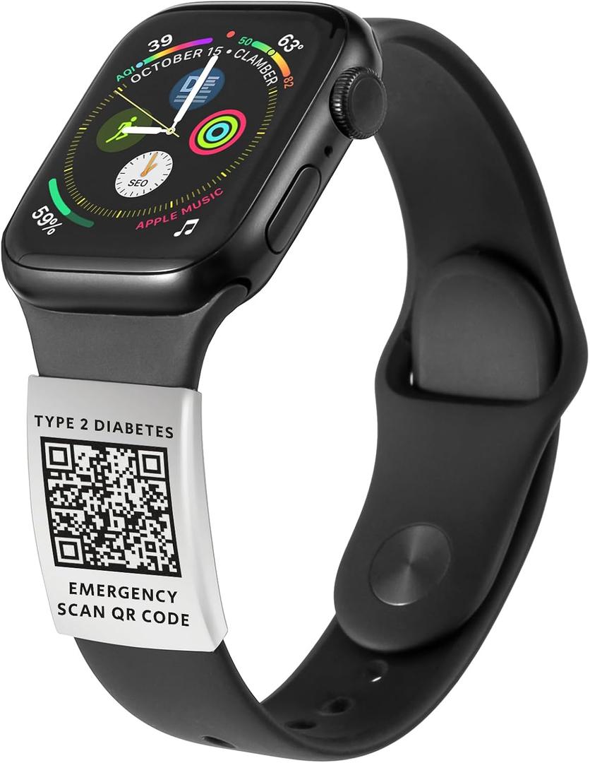 MYLUCKYTAG QR Medical ID Tag for Watch Band - Laser Engraved - Personalized ID Tag for Apple Watch Safety Plate - Medical Alert - Free Online Emergency Medical Profile (TYPE 2 DIABETES,Silver)