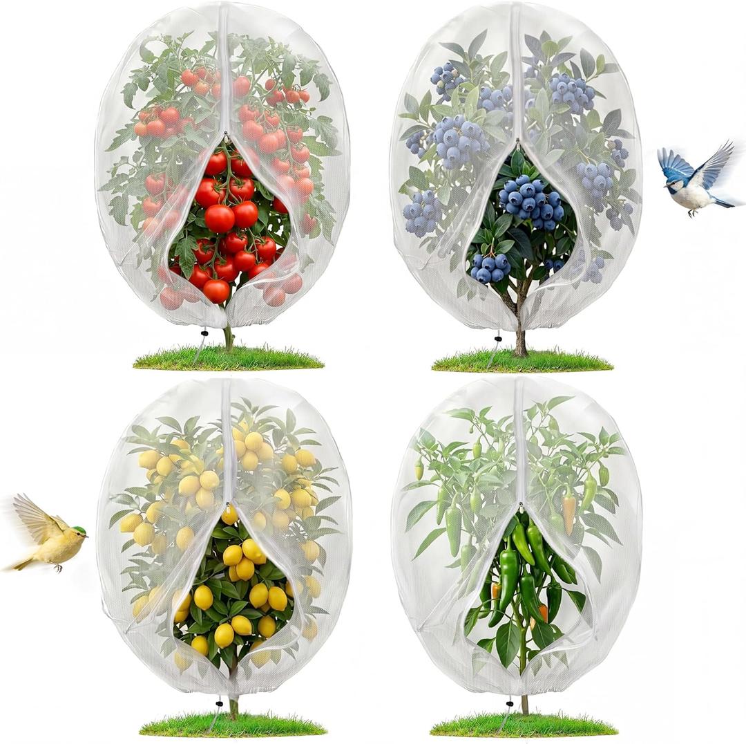 4PCS Insect Bird Barrier Mesh with Zipper Drawstring, Blueberry Bush Netting Cover Insect Bird Netting Tomato Protective Cover Garden Mesh Netting for Vegetables, Fruits, Trees, 3.94Ft x 4.92Ft