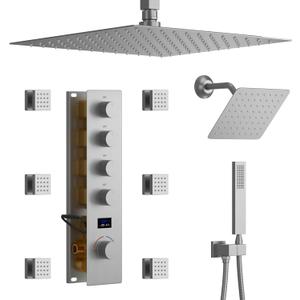 Tempreature Display Shower System Brushed Nickel Shower Faucet Set with 12 and 8 inch Shower Head, with 6 Body Jet, Handheld Spray