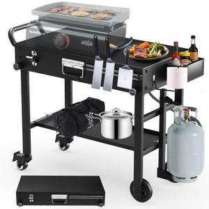 Portable Griddle Stand for Blackstone 17 Inch & 22 Inch - Heavy-Duty Grill Table for Blackstone, Ooni Pizza Oven, Ninja Outdoor Grill Cart with Wheels, Gas Tank Holder & Storage