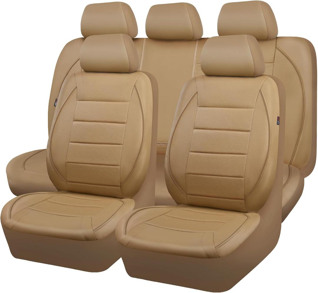CAR PASS Piping Leather Seat Cover,Universal FIT with Composite Sponge Inside,Airbag Compatible and Reserved Opening Holes,Inside zipper for Cars,Sedan,SUV,Truck (Full Set,Beige with Tan Piping-Stripe)