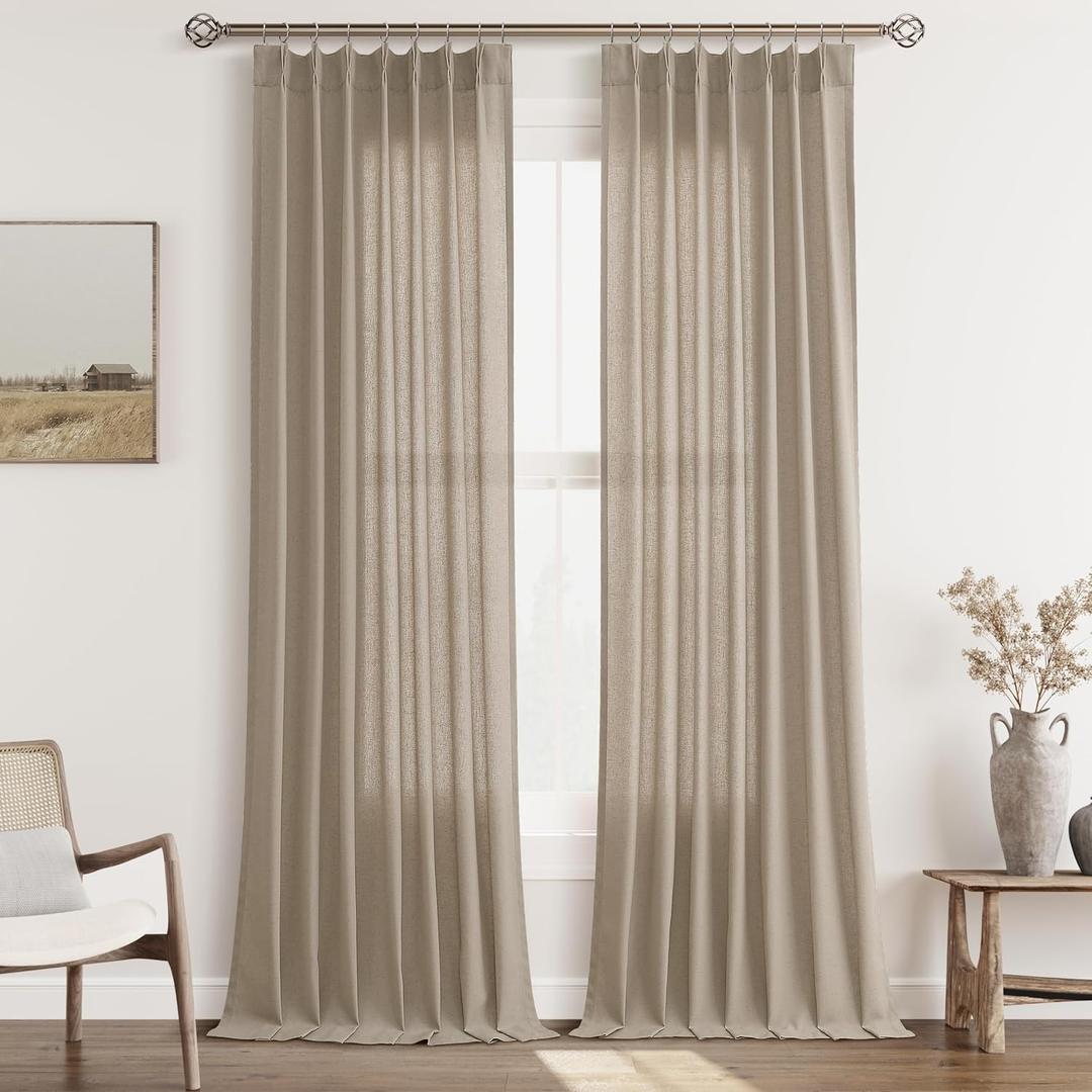 Light Taupe Pinch Pleat Linen Curtains 102 Inch Length 2 Panels Set for Bedroom Dinging Room Semi Sheer Boho Farmhouse Neutral Window Curtains 102 Inches Long for Living Room Nursery 40x102