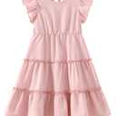 Fdqin Girls Summer Dresses Flowy Ruffle Sleeve A-Line Dress for Kids Pink (Pink, M)