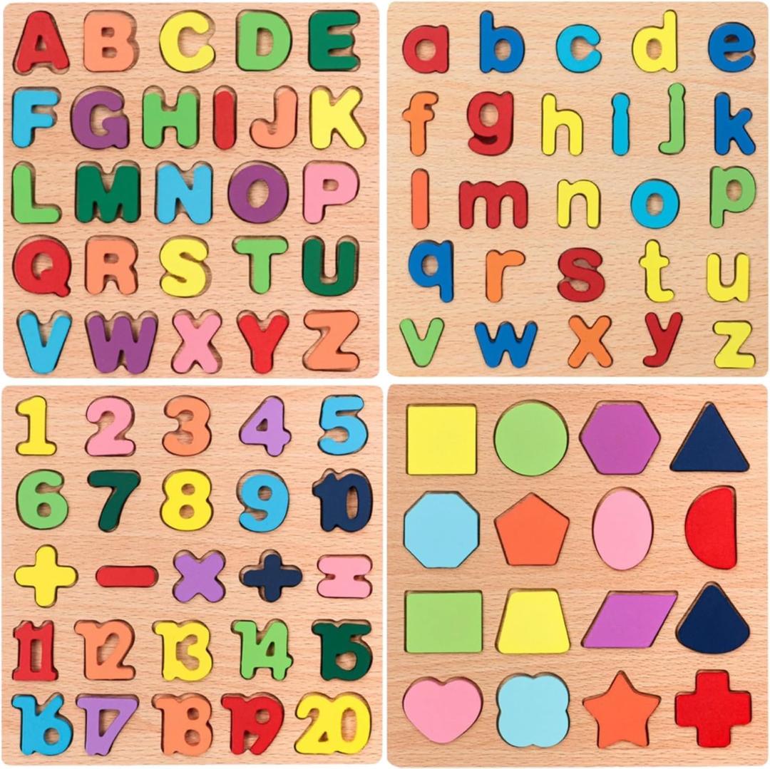4-in-1 Wooden Alphabet Puzzle for Kids Ages 3+  Upper & Lowercase Letters, Numbers & Shapes  Montessori Educational Learning Toy for Toddlers & Preschool  Fine Motor & Early STEM Skills