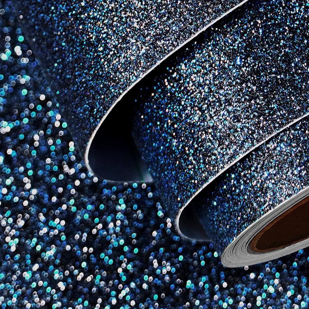 FunStick 16"x240" Black Blue Reflective Glitter Wallpaper Stick and Peel Removable Sparkly Navy Blue Glitter Contact Paper Self Adhesive Fabric Glitters Wall Paper Roll for Room Walls Cabinets Dresser