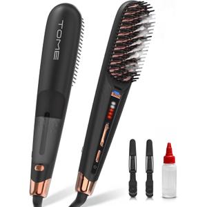 TOME Steam Hair Straightener Brush, Anti Scalding Design 2 Steam Levels, 3 Heat Settings, Fast Styling Steam Brush with Less Heat Damage, Anti-Frizz 100-240 Dual Voltage Black