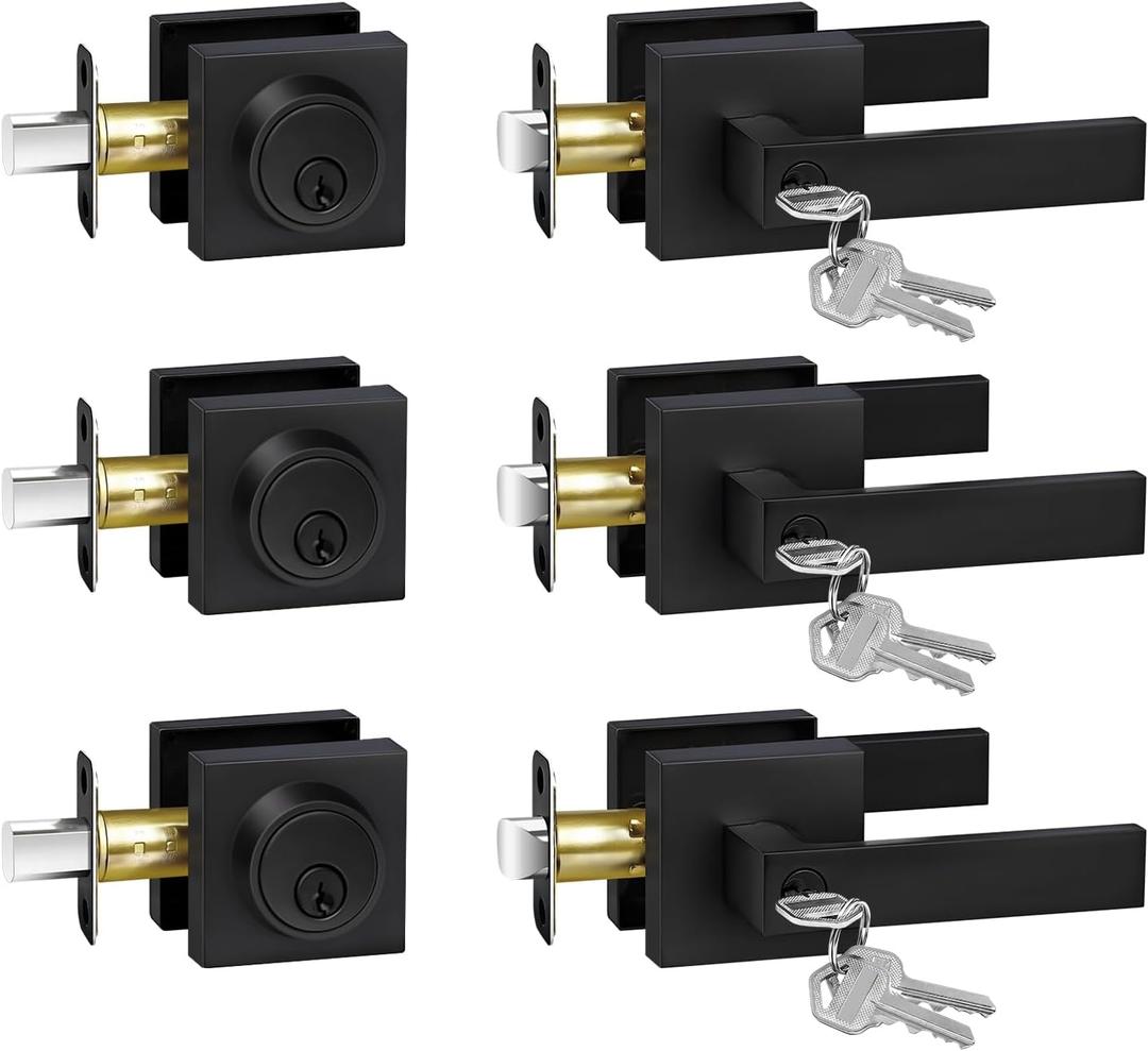 Exterior Door Lock Set with Deadbolt, Door Locks for Front Door with Single Cylinder Deadbolt Lock, Matte Black Door Handle with Lock and Key for Front Door, 3 Pack (All Same Keyed Alike)