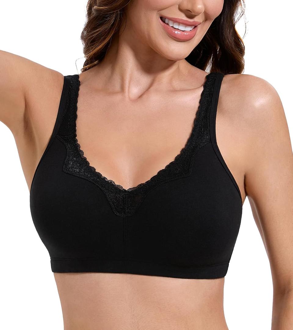 HACI Women's Comfort Cotton Bra Plus Size Everyday Non Padded Wirefree Lace Floral(Black, 38DD)