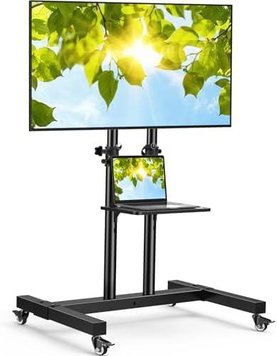 PERLESMITH Rolling TV Stand on Wheels for 32-83 Inch Screens up to 110lbs, Mobile TV Cart Height Adjustable Portable Outdoor TV Stand Tilt Rolling TV Cart with Shelf Max VESA 600x400mm PSTVMC03