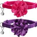 azuza 2 Pack Cat Collar Floral with Bell and Removable Flower Bowtie Breakaway Adjustable Velvet Fabric Cat Collar for Pets Valentine's Day Gift and Daily DecorationHot Pink & Purple (Neck: 8"-12")