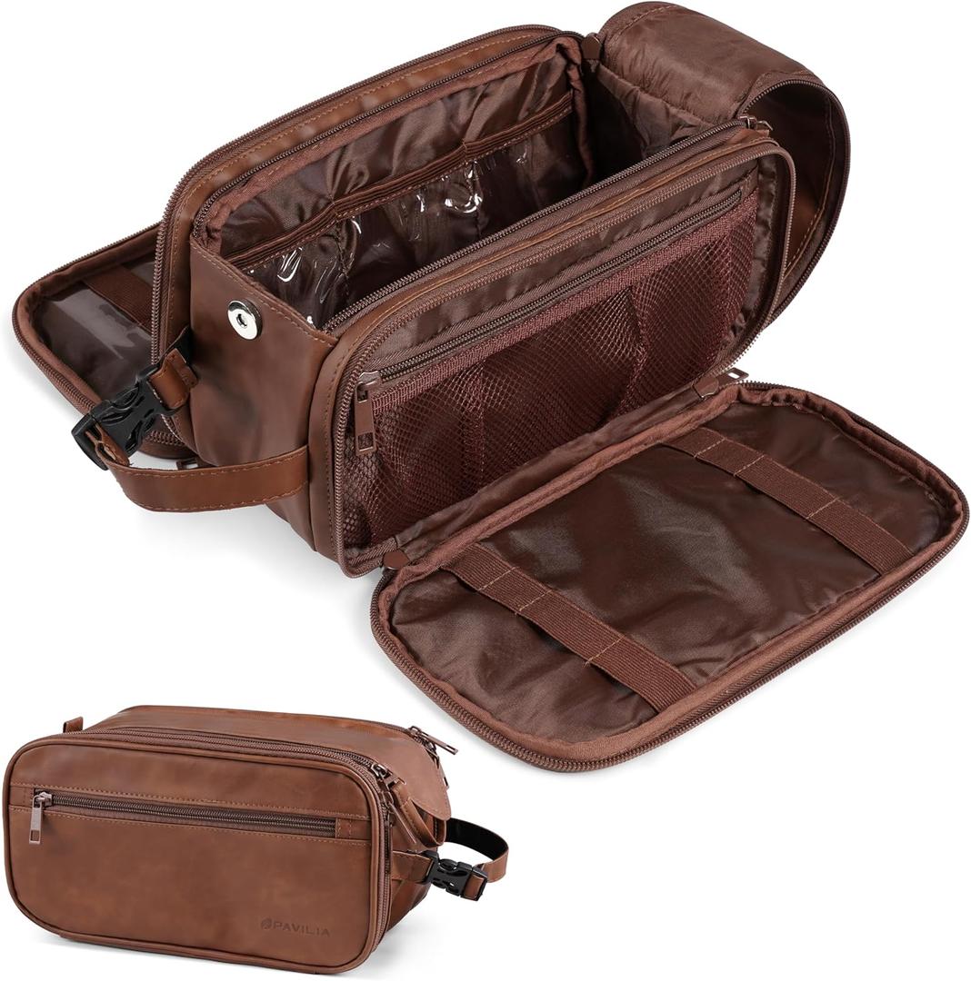 PAVILIA Toiletry Bag for Men Women, Mens Travel Bag Toiletries Organizer Case for Grooming, Travel Essentials Shaving Dopp Kit, PU Leather Water Resistant Cosmetic Pouch, Brown (Large (10.5x5.5x6))
