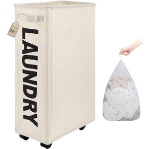 TOTANKI 29" Large Slim Rolling Laundry Basket on Wheels with Removable Bag, Foldable Laundry Hamper with Handle, Collapsible Laundry Sorter and Organizer, Tall Storage Basket Bin (Beige)