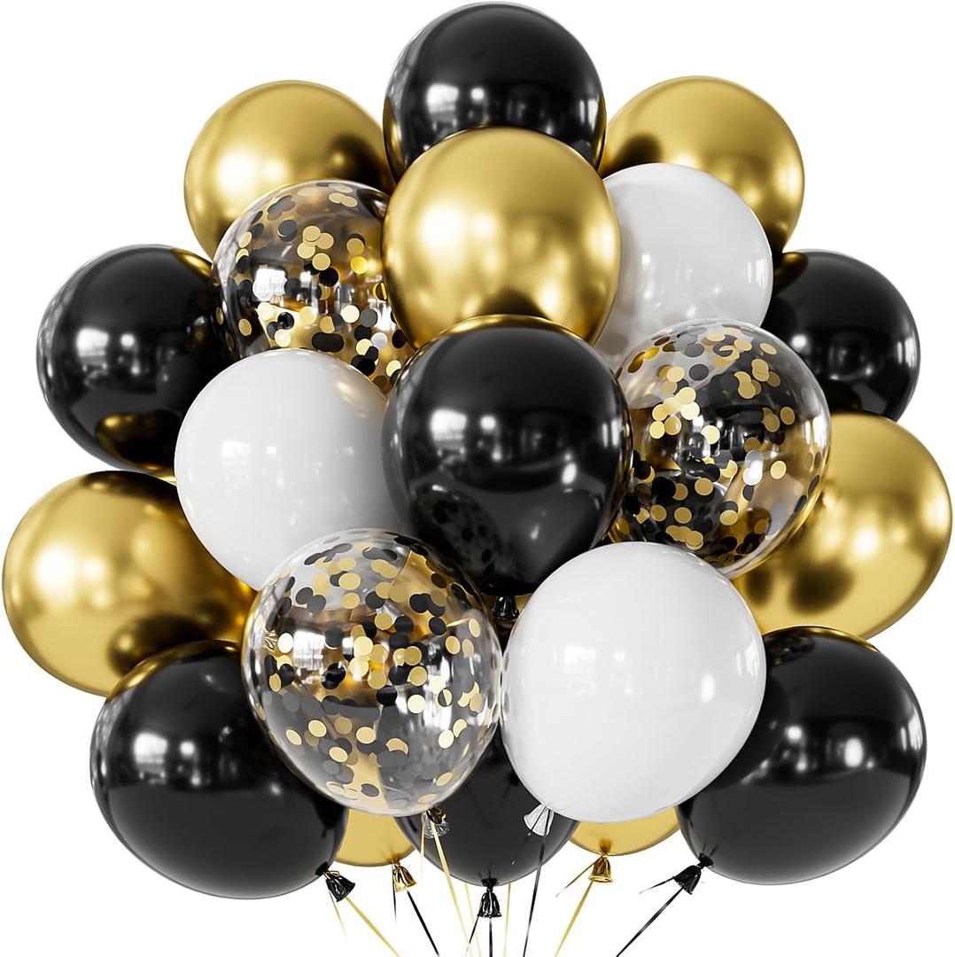 Black and Gold Balloons, 60 Pcs 12 Inch Graduation Balloons, Metallic Black Gold White Confetti Balloons, for Graduation Party 2026, Birthday, Wedding, Retirement Party Decor