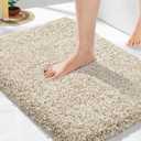 Yimobra Bathroom Rugs Non Slip Washable, Ultra Soft and Water Absorbent Bath Mats, Plush Fluffy Shower Mat Outside, Microfiber Thick Matts for Bathroom Floor/Sink, 24x17, Light Beige and White