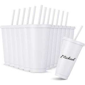 Amyhill 12 Pcs Reusable Cups with Lids and Straws 24 oz Plastic Tumbler Iced Coffee Cup Travel Mug for Smoothie Juices Birthdays Sleepover Party Supplies for Girls (White)