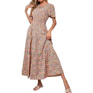 PRETTYGARDEN Women's Summer Casual Short Flutter Sleeve Round Neck Smocked Waist Tiered Boho Floral Flowy Maxi Dress (M)