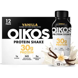 Oikos Protein Shake, Vanilla, 30g Protein, Shelf Stable Protein Drink with 5g Prebiotic Fiber, 12 fl oz Bottle, 12 Count, BB Date: 10/03/2026