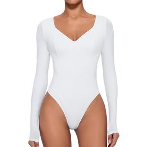 Avidlove Bodysuit for Women Long Sleeve Double Lined Tank Top V Neck Bodysuit Tummy Control Shapewear, M